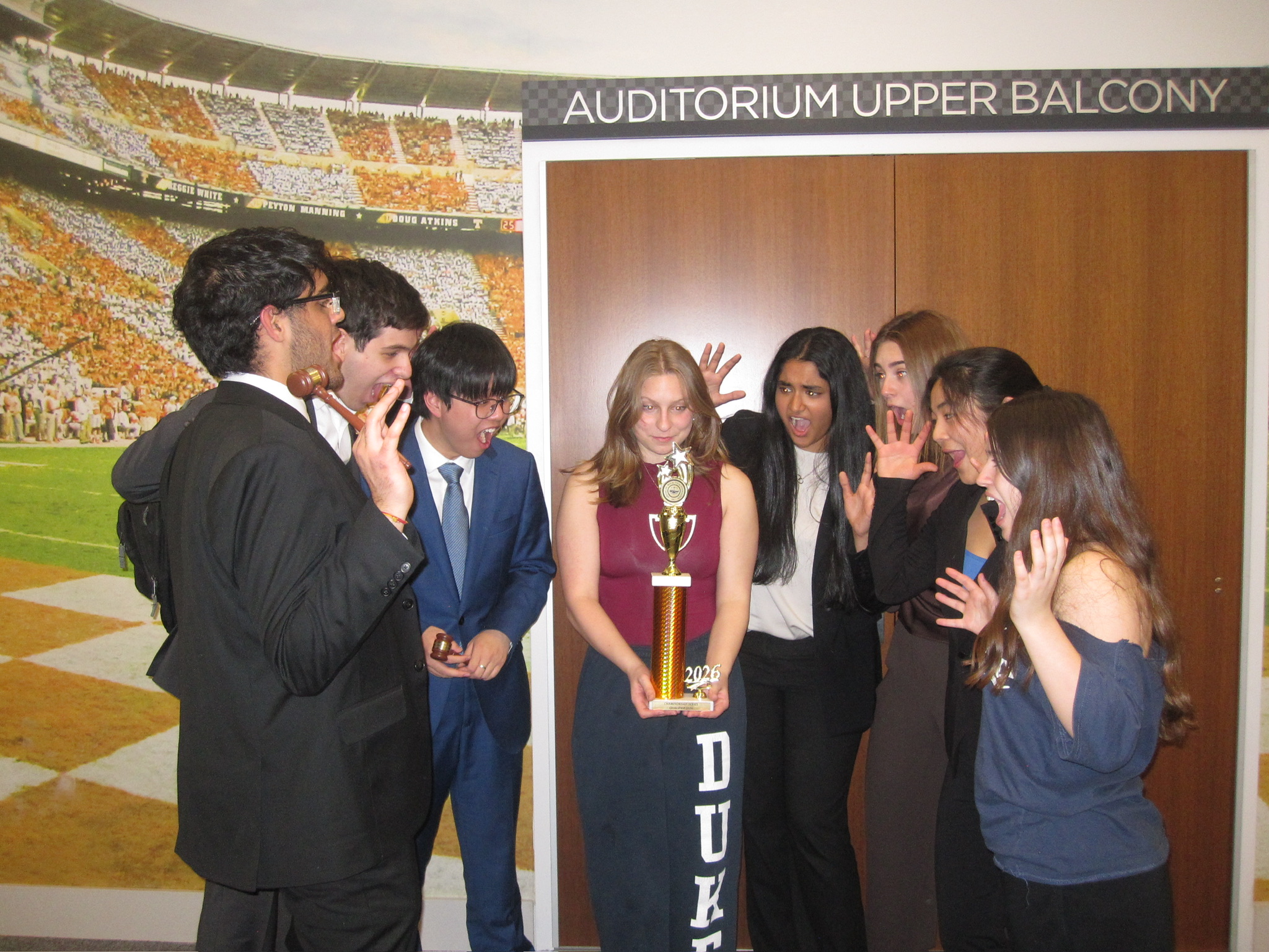 Duke Mock Trial members laughing together at a tournament