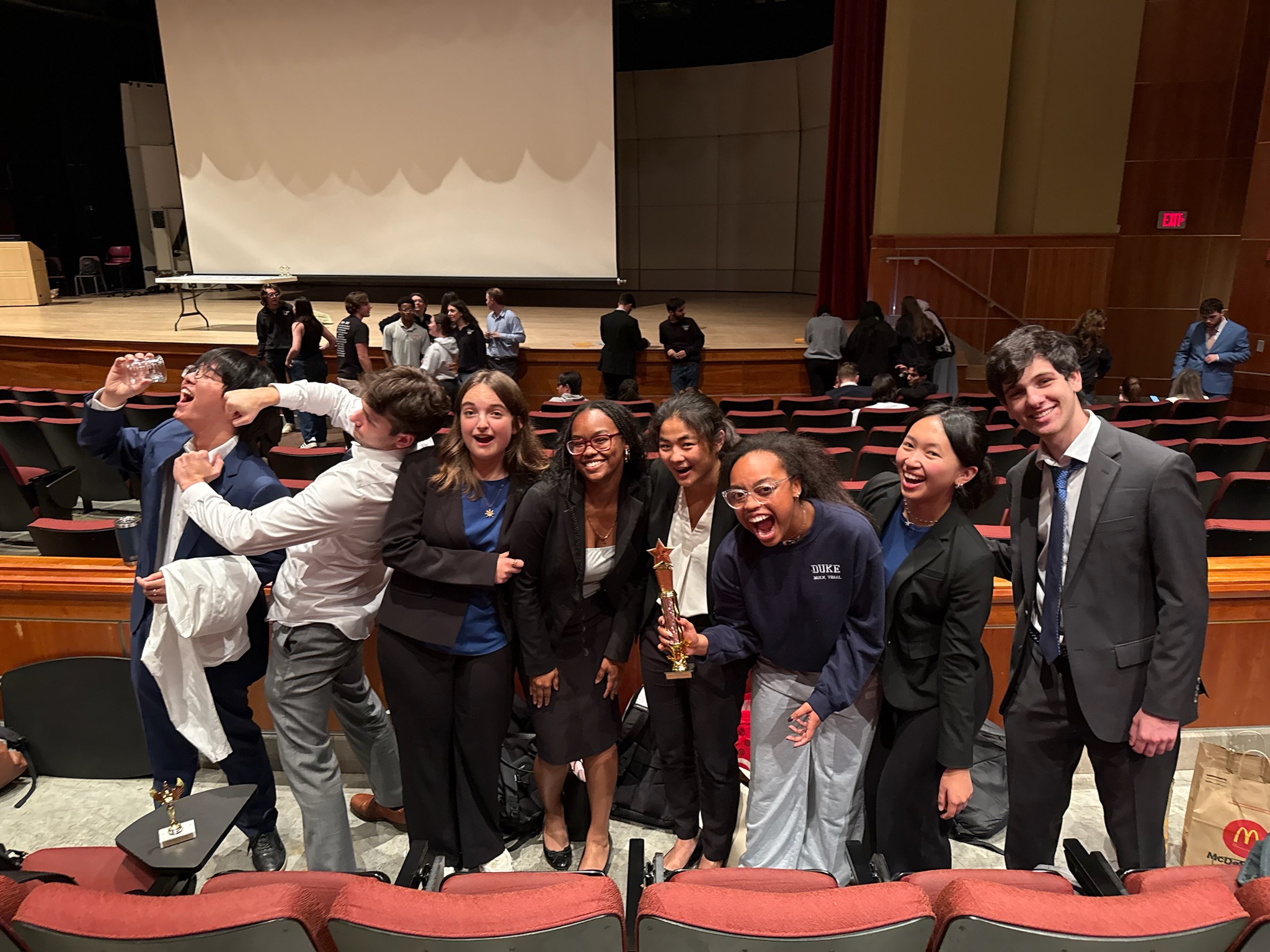 The Duke Mock Trial team celebrating together after a tournament